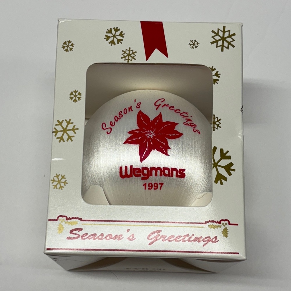 Vintage 1997 Wegmans White Satin Ball Christmas Ornament 3” Original Box NIB